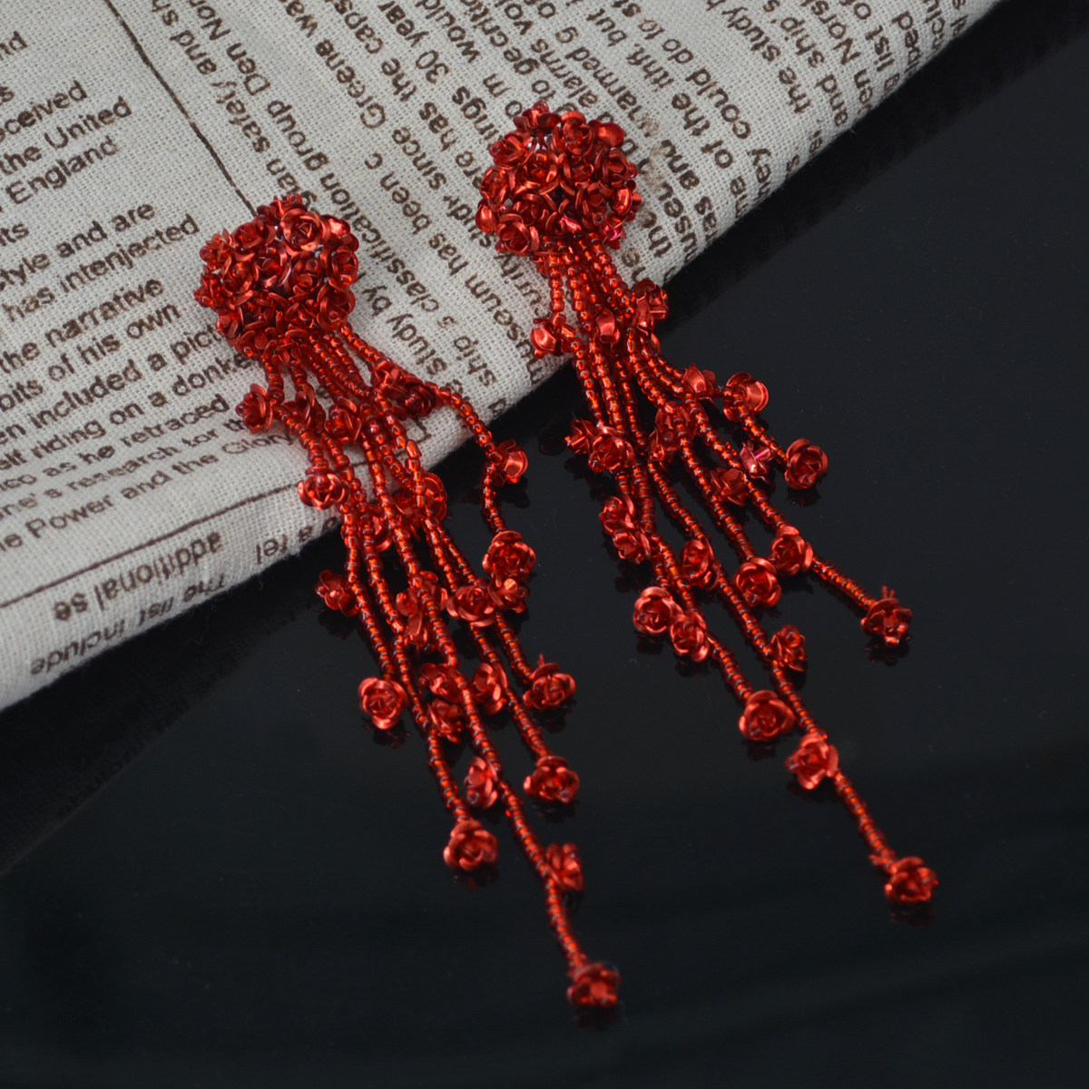 大红色花朵流苏耳环耳夹无耳洞女新款潮女气质夸张长款耳钉