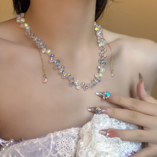 切割多面幻彩白水晶项链女夏轻奢小众设计高级感轻奢锁骨链颈链女