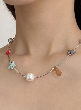 多巴胺彩色水晶海星珍珠项链颈链