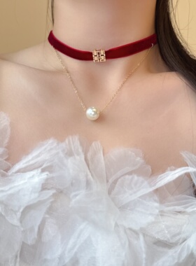 丝绒双喜珍珠项圈锁骨链项链女款