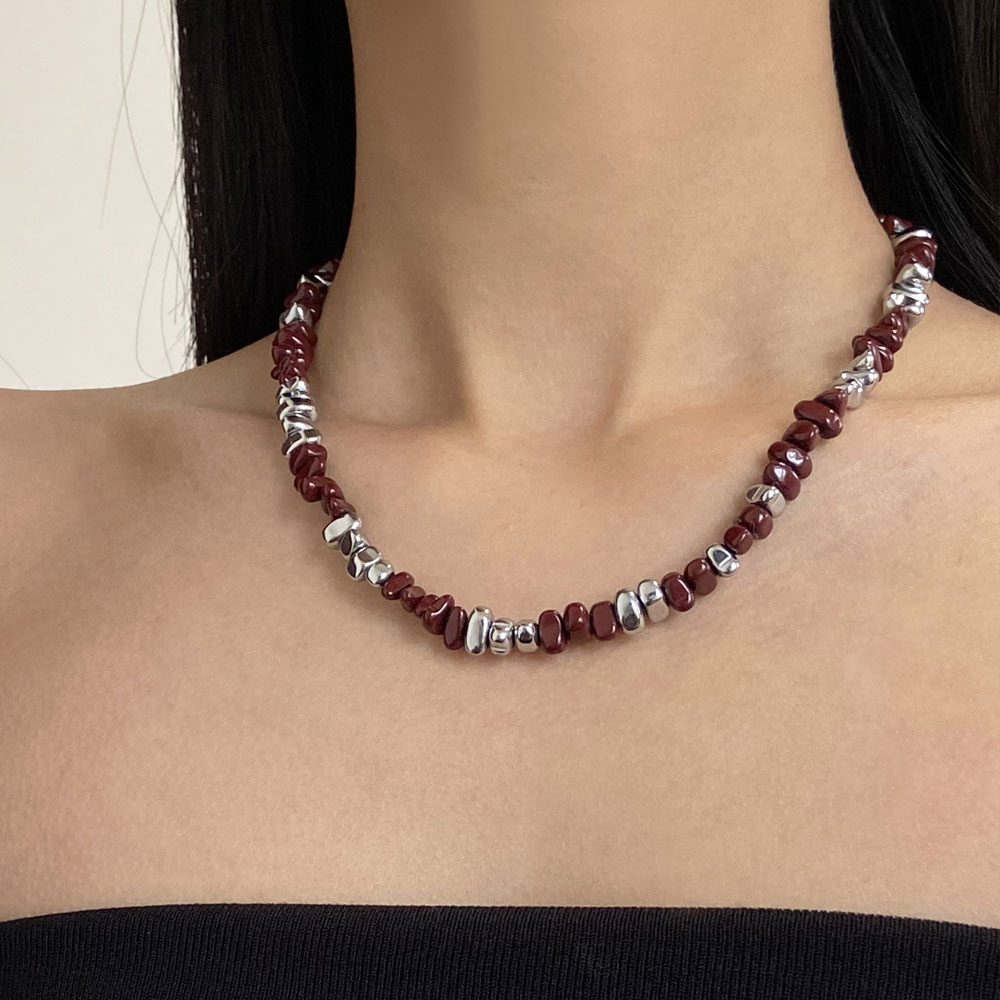 安可拉红碎银不规则串珠项链女