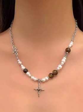 美拉德虎眼石珍珠串珠项链锁骨链