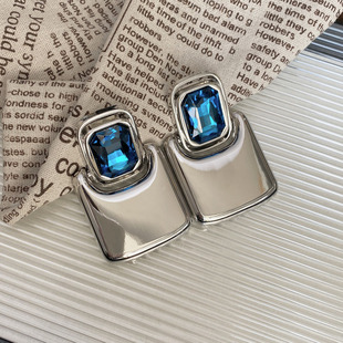 夸张时髦黄铜光面大方块耳环耳钉女重工时尚蓝色水晶宝石耳钉耳饰
