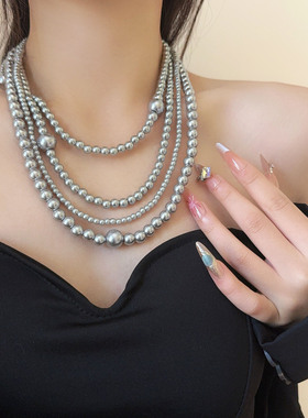 时髦设计多层灰珍珠串珠项链洋气