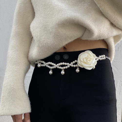 女串珠山茶花朵珍珠流苏腰链腰带