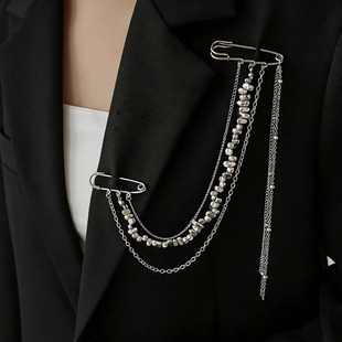 异形石串珠链条流苏胸针女潮夸张小众设计双别针时髦百搭胸花饰品