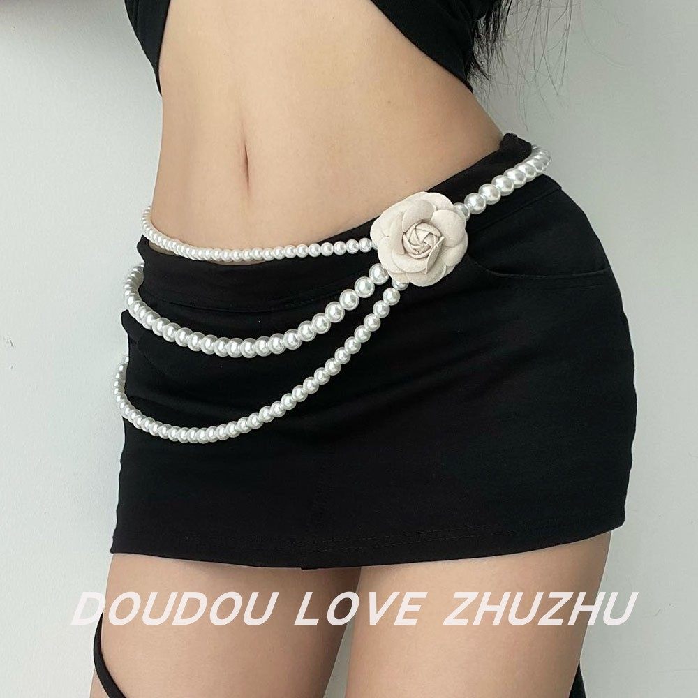 复古山茶花朵多层仿珍珠腰链女图片