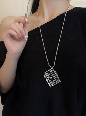 彩色石头算盘吊坠个性项链长款女