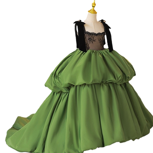 儿童礼服森系轻奢小众高端模特走秀女童主持人钢琴绿色演出服拖尾