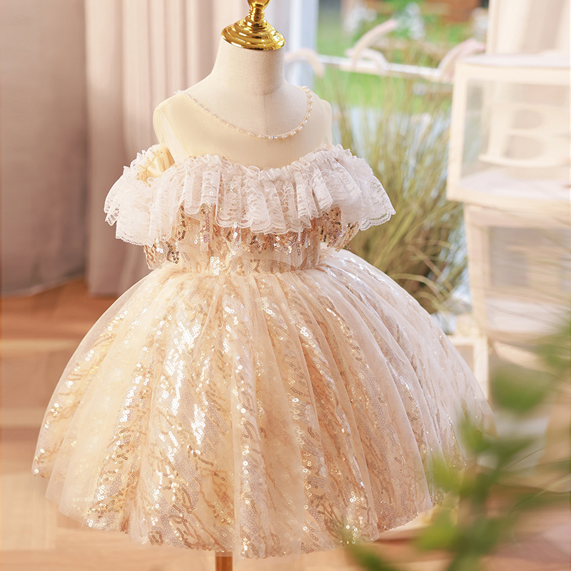 周岁女宝宝礼服周岁生日宴香槟金色女童花童婚礼公主裙钢琴演出服