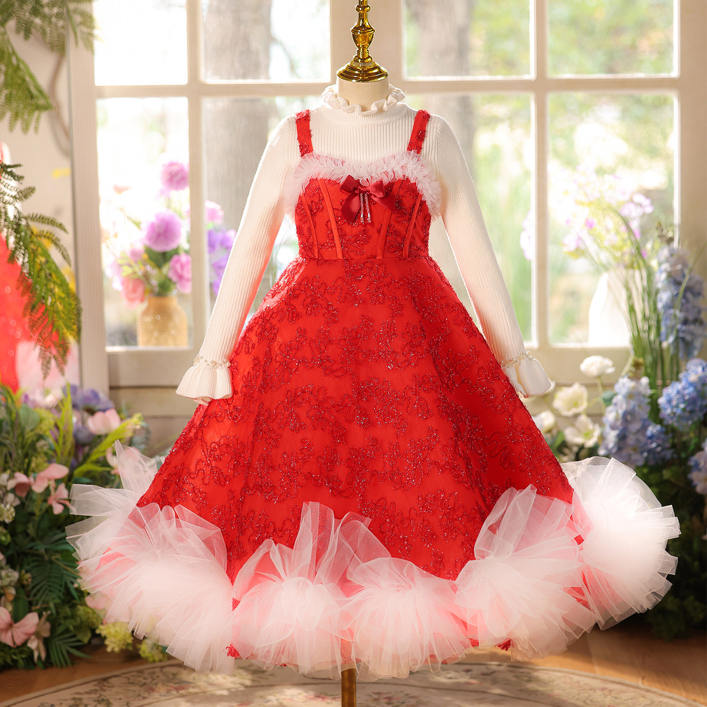 女童礼服2025秋冬儿童圣诞新年写真走秀主持人钢琴演出服公主裙