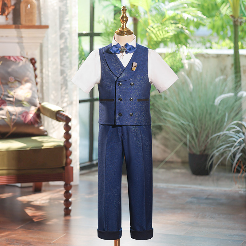 儿童西装套装2025新款主持人礼服男童生日夏季蓝色钢琴演出服花童