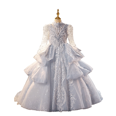 重工小女孩蓝色拖尾礼服