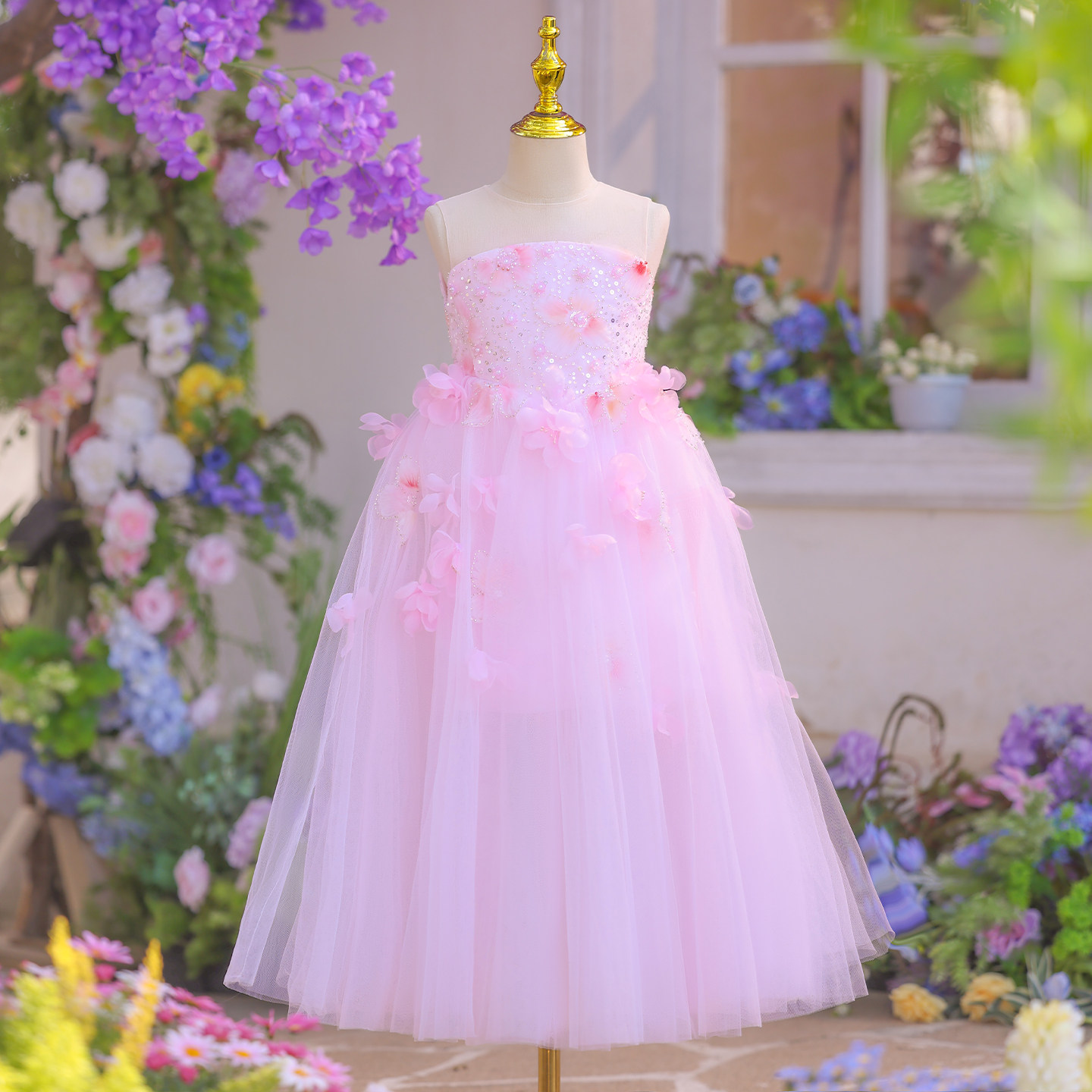 女童礼服公主风儿童粉色生日公主裙女孩花朵小主持钢琴演出服高级
