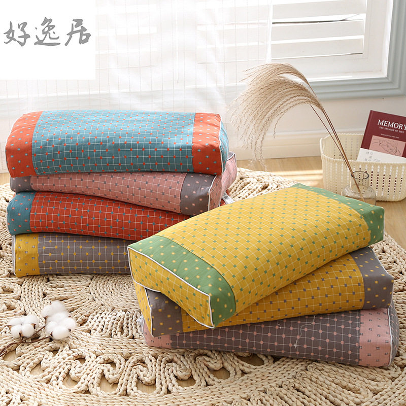 全棉质格纹绣花拼色颈椎荞麦枕柔软可拆卸枕芯外套家用单人枕头