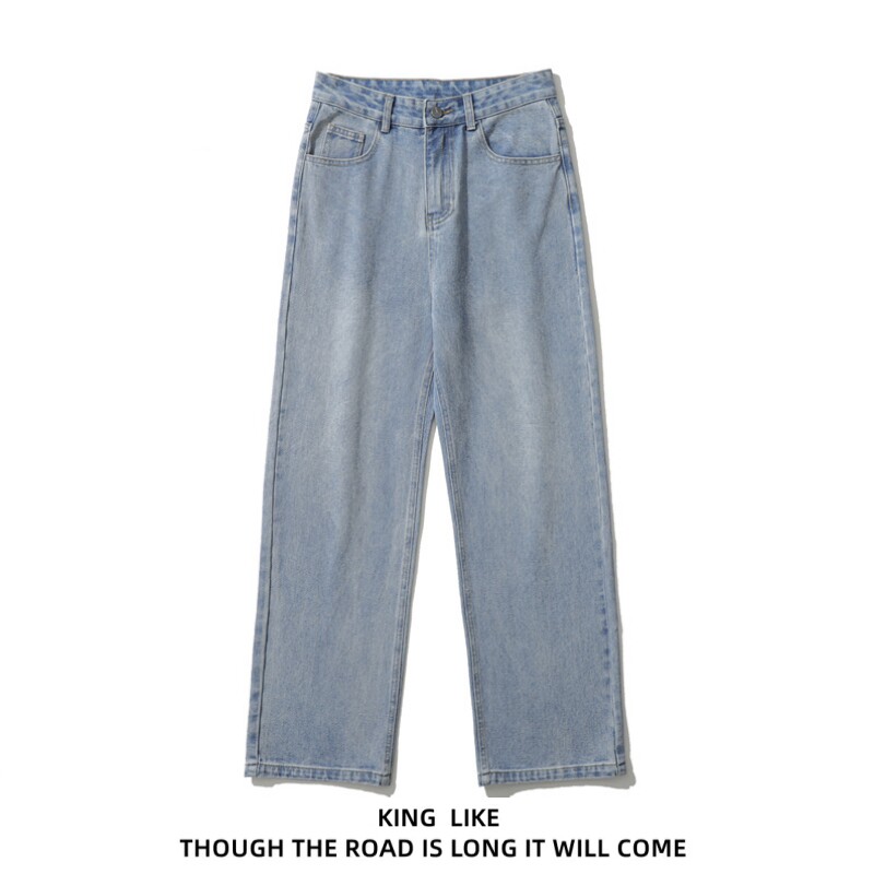 가을 루즈 캐주얼 커플 드레이프 와이드 레그 팬츠 남성용 킹 라이크 일본 복고풍 디스트레스드 스트레이트 청바지