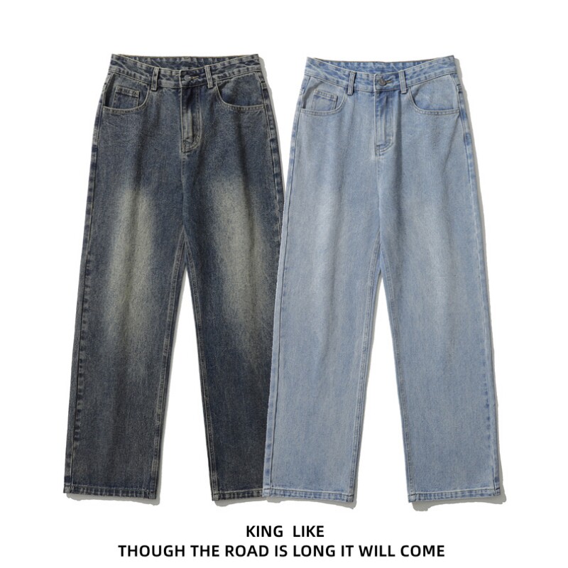 가을 루즈 캐주얼 커플 드레이프 와이드 레그 팬츠 남성용 킹 라이크 일본 복고풍 디스트레스드 스트레이트 청바지