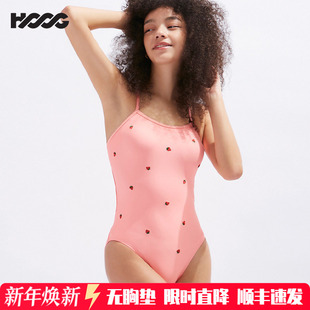 HOOG泳衣女新款 三角连体粉色刺绣草莓游泳馆专用专业紧身训练泳装