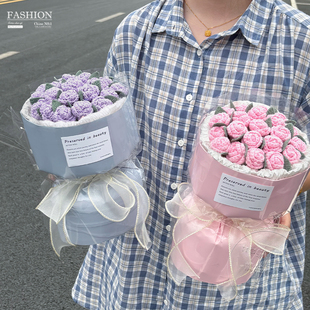 情人节手工编织玫瑰花束仪式感毛线成品仿真花礼物粉色送女友闺蜜