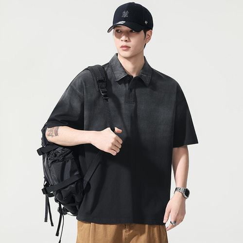 P2810|大码男装夏季洗水渐变短袖polo衫男宽松潮牌复古纯棉短袖T