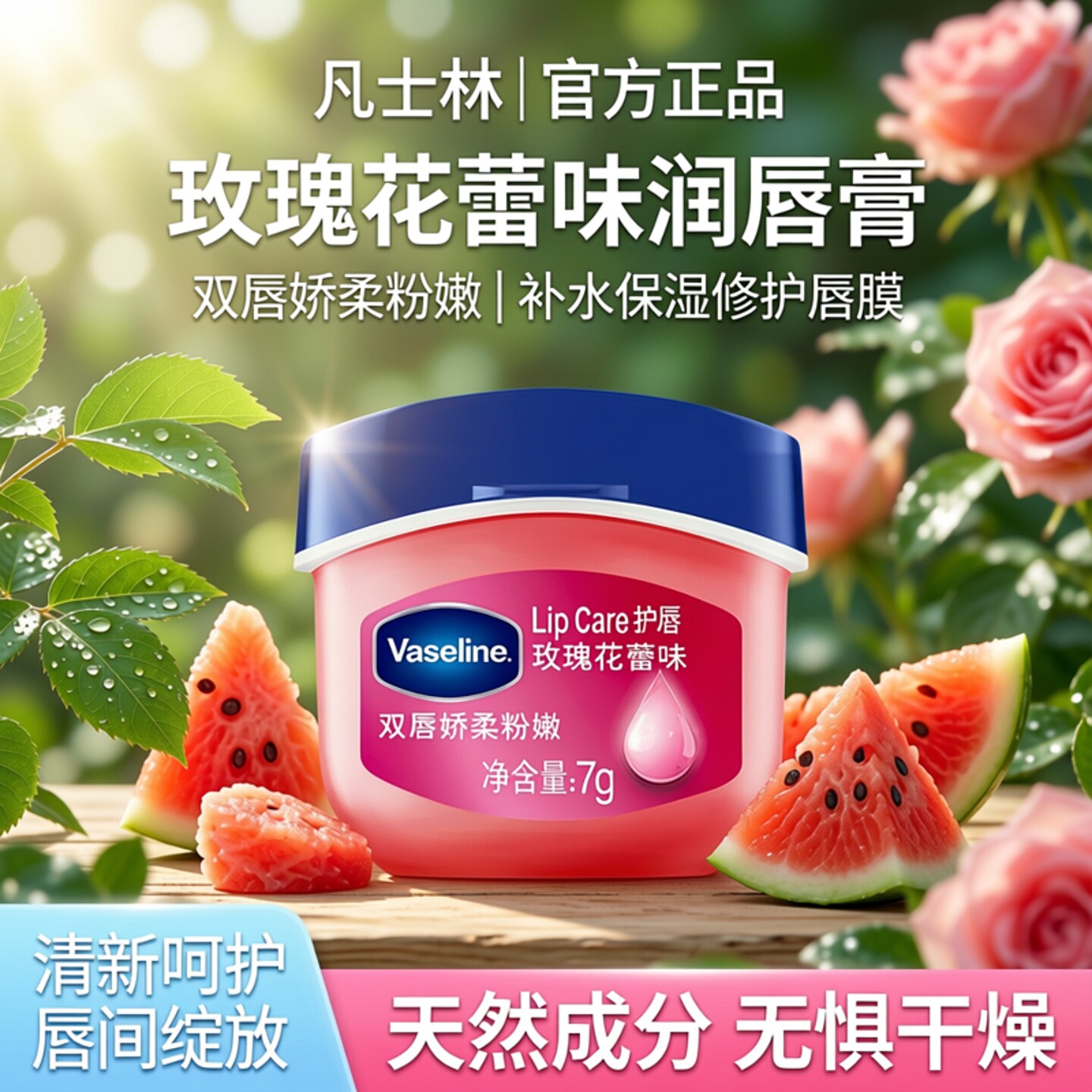 凡士林微醺润唇膏小Q 罐补水保湿修护唇膜防唇干裂清新玫瑰花蕾味