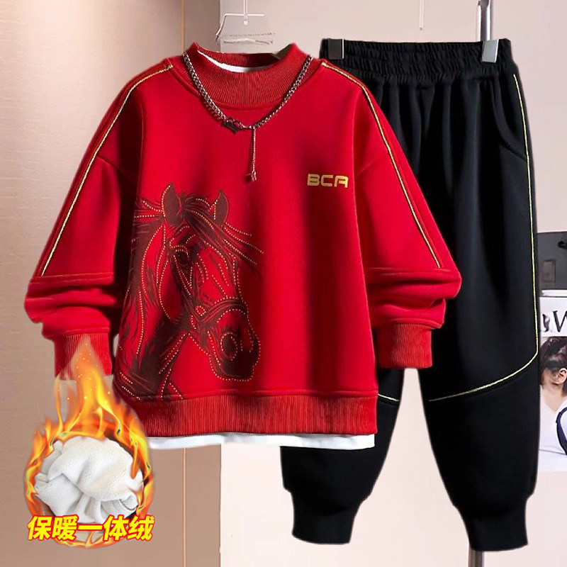 童装男童加绒套装冬季新款男孩红色中大童2025马年本命年儿童衣服