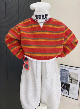 童装男童加绒卫衣秋冬款亲子装中大童红色男孩假两件加厚圆领卫衣