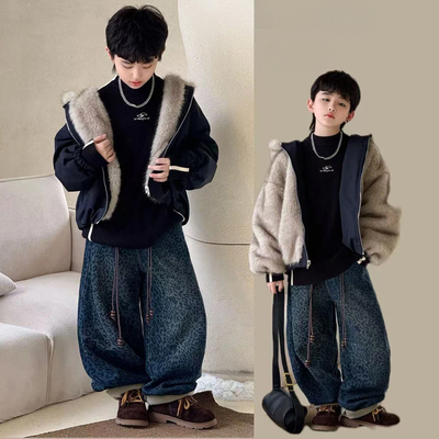 儿童装男童加绒外套冬款2025新款加厚中大童冬季双面穿上衣毛毛衣