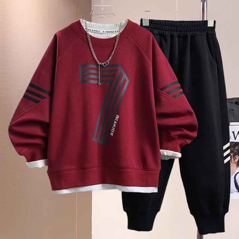 男童春秋装套装2025新款儿童中大童运动秋冬季帅气加绒红色两件套