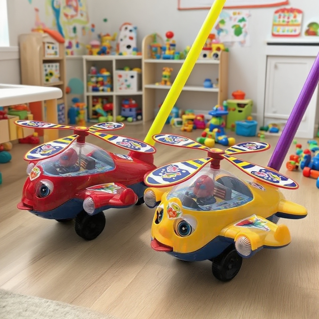 大号手推飞机响铃眨眼吐舌头学走路儿童手推学步玩具卡通动物