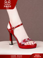 Leather open-toe waterproof platform high-heeled sandals for women, 2026 summer new style, rhinestone red fashion sandals for women thumbnail 4