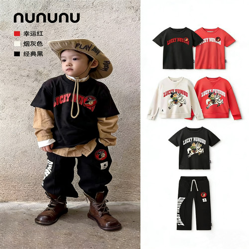 ▪️现货｜马年限定NUNUNU小马刺绣T恤美式复古卫衣儿童卫裤套装