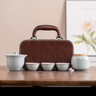 青瓷哥窑开片可养户外便携旅行茶具套装 一壶三杯快客茶杯礼品