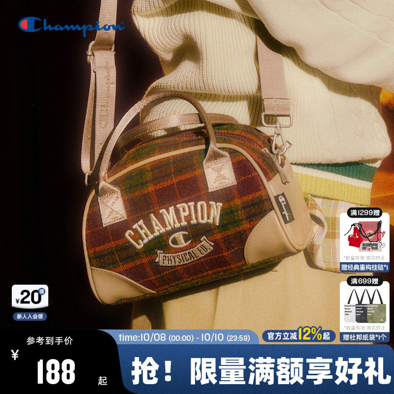 Champion冠军圣诞系列保龄球包女24冬季新款复古格纹斜挎包单肩包