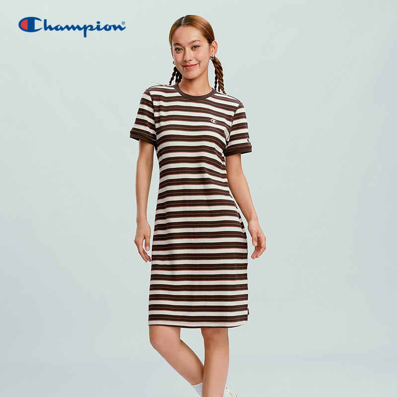 Champion冠军连衣裙女2026春季条纹针织及膝撞色短裙显瘦学院风潮