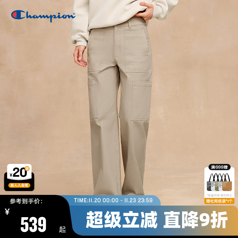 Champion冠军休闲裤女2025秋季新款斜纹直筒长裤复古简约风多口袋