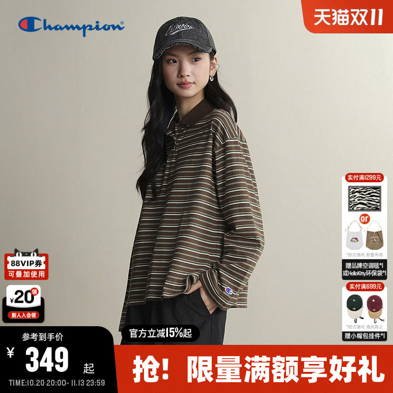Champion冠军长袖POLO衫女2026秋季新款复古条纹上衣美高学院风