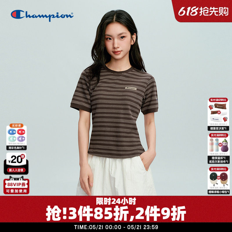 Champion冠军条纹针织短袖女2026夏季新款证件修身短款显瘦T恤潮