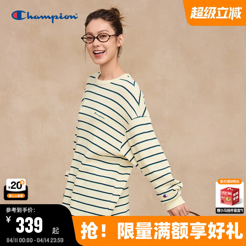 Champion冠军长袖T恤男秋季新款海魂衫华夫格条纹情侣款上衣