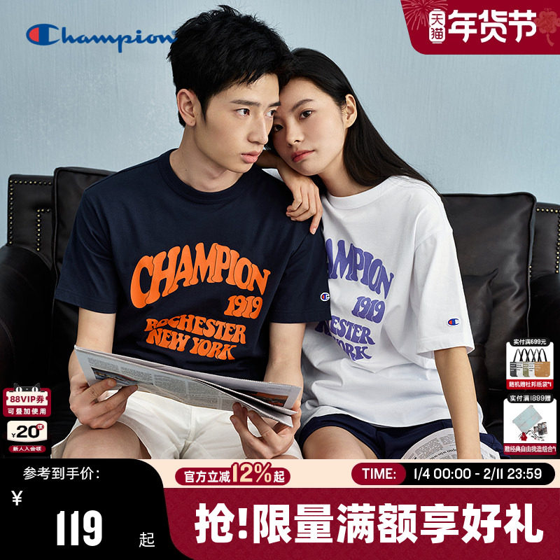 Champion冠军短袖t恤男2025夏季新款情侣纯棉圆领印花宽松休闲女