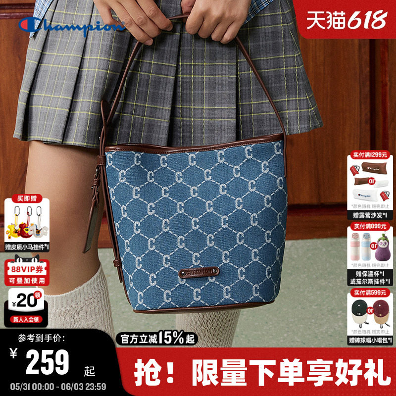 Champion冠军水桶托特包26夏季新款女复古牛仔老花手提包通勤背包