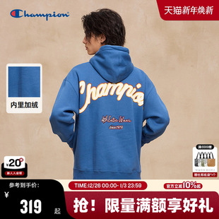 Champion冠军连帽加绒卫衣男秋季 刺绣大C情侣上衣保暖红色冬 新款