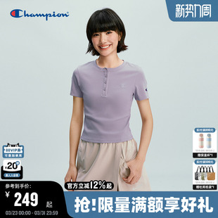 按扣领纯色修身 新款 显瘦上衣甜美 T恤女2026春季 Champion冠军短袖