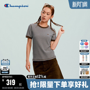 复古风条纹显瘦刺绣上衣潮牌 新款 Champion冠军短袖 T恤女2026春季