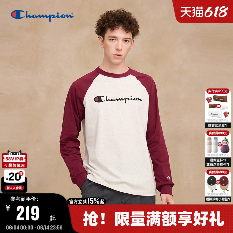 Champion冠军长袖T恤男秋季新款插肩袖圆领打底衫女拼接复古红