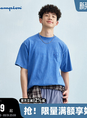 Champion冠军短袖男夏季新款水洗纯棉做旧红色刺绣圆领t恤女