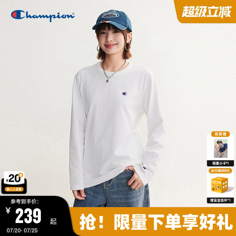 Champion冠军长袖T恤男2026秋季新款全棉基础款纯色打底衫女休闲