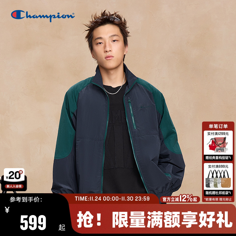 Champion冠军外套男25秋季新款女夹克拼色插肩袖情侣复古潮运动风