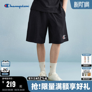 男夏季 宽松美式 纯棉运动裤 休闲裤 潮牌黑色五分裤 Champion冠军短裤