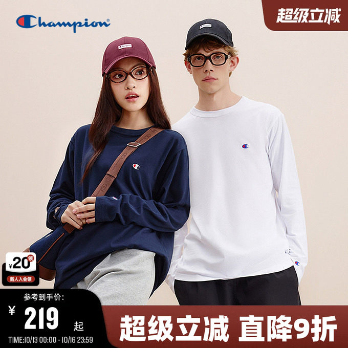 Champion冠军长袖t恤男2026秋季新款美式情侣圆领上衣女纯棉打底